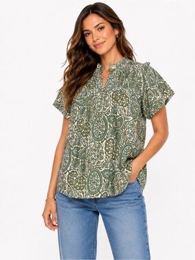 Sohana Size Medium Ruffled‎ Green Paisley Short-Sleeve Blouse - Women